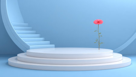 A single pink flower stands on a tiered stage next to a curved staircase.の素材