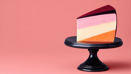 A slice of layered dessert on a black cake stand against a pink background.の素材