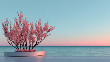 A pink cherry blossom tree sits on a platform beside a calm ocean under a pastel sky.の素材