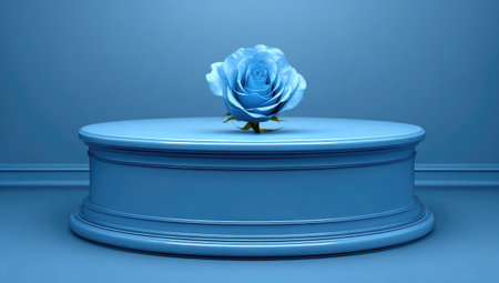 A lone blue rose is showcased on a round pedestal in a monochromatic setting.の素材