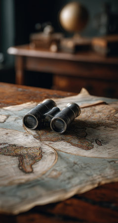 Vintage binoculars are placed on an aged map, suggesting travel or exploration.の素材