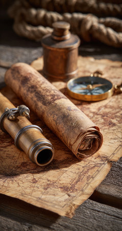 Vintage navigation instruments and a rolled map are displayed on a rustic wooden background.の素材