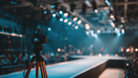 A camera on a tripod is set up to record an event on a runway.の素材