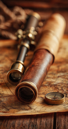 Antique navigational equipment is displayed on a vintage map.の素材