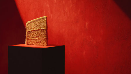 A single slice of layered cake with frosting is displayed on a dark pedestal.の素材