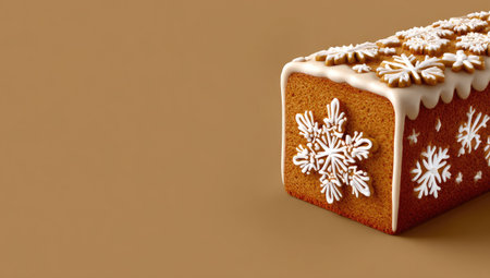 A festive gingerbread loaf is decorated with snowflake cookies and icing.の素材