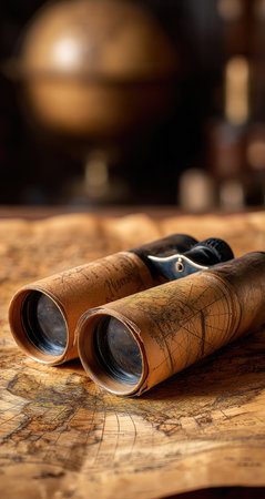 Vintage binoculars are placed on a detailed antique world map.の素材