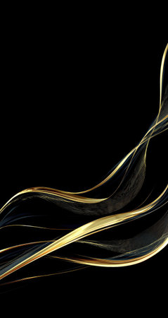 Elegant golden waves flow gracefully across a black background.の素材