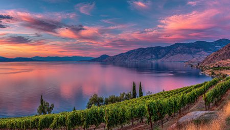 A picturesque vineyard slopes towards a calm lake at dusk.の素材