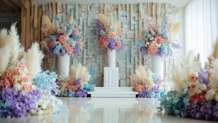 A beautifully decorated space with abundant pastel flowers for celebrations.の素材