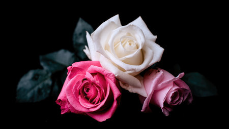 A trio of roses in varying shades of pink and white are presented on a black backdrop.の素材