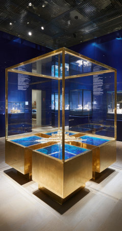 A striking modern display case with geometric golden structure and blue inserts.の素材