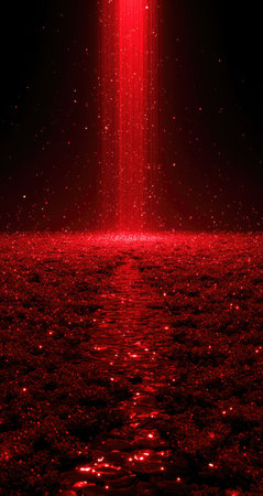 A dramatic red light beam shines down on a reflective path and sparkling particles.の素材