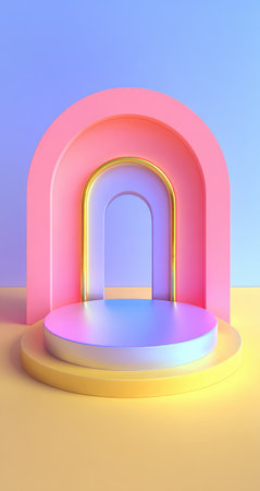 Abstract stage with pastel arches and a podium is ready for product display.の素材