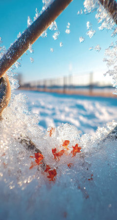 Tiny red buds peek through a blanket of snow and ice on a fence.の素材