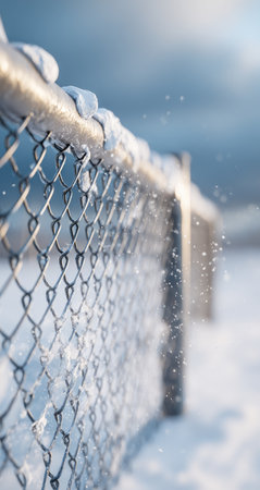 A chain link fence covered in snow and ice during a winter snowfall.の素材