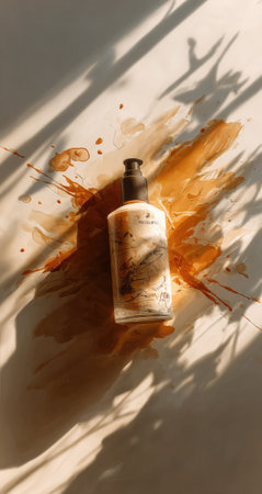 A cosmetic bottle is surrounded by a splash of brown liquid and dappled light.の素材