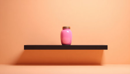 A single pink jar with a golden lid rests on a dark shelf.の素材
