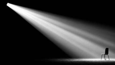 A lone chair is bathed in a bright spotlight in a dark, empty space.の素材