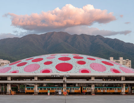 A train station with a brightly colored, polka-dotted dome under a mountain landscape.の素材