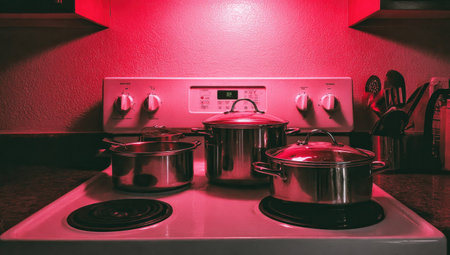 Kitchen cookware sits on a stove under dramatic red lighting.の素材