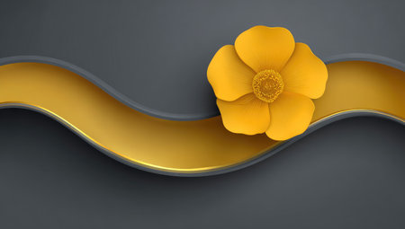 A yellow flower rests upon a golden wavy ribbon against a dark grey backdrop.の素材