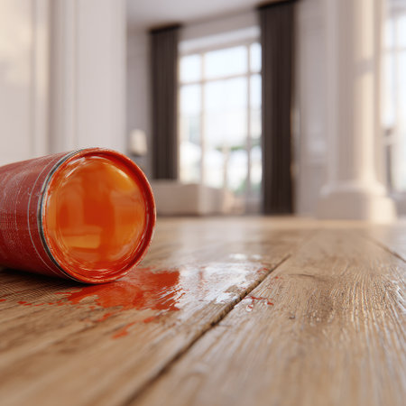 An overturned can of orange liquid spills onto a wooden floor.の素材