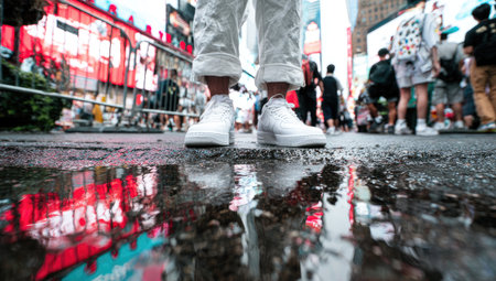 Person wearing white sneakers stands on wet city street reflecting lights.の素材