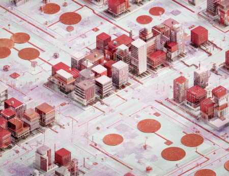 Abstract urban landscape featuring geometric buildings on a circuit board pattern.の素材