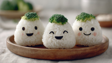 Three smiling rice balls topped with broccoli rest on a wooden plate.の素材