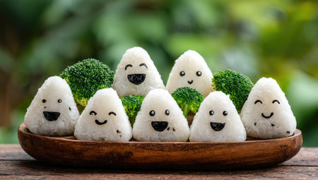 A collection of happy, triangular rice balls arranged with broccoli florets.の素材