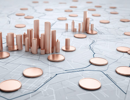 A miniature cityscape and coins are placed on a stylized city map.の素材