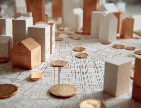 Miniature buildings and coins on a map symbolize urban development and financial investment.の素材