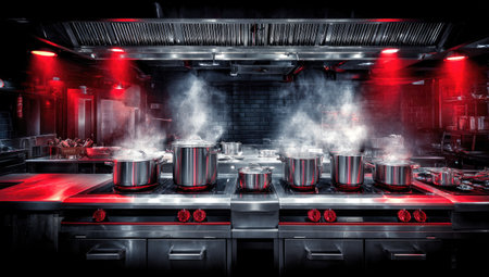 A professional kitchen with steaming pots on a stovetop under dramatic red lighting.の素材