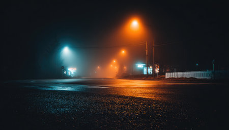 A deserted street at night is illuminated by glowing streetlamps through fog.の素材
