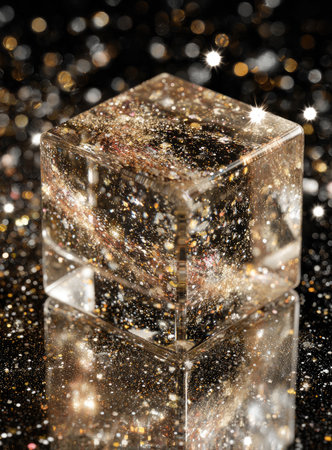 A transparent cube filled with glitter stands on a reflective surface.の素材