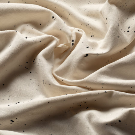 A close-up view of a cream-colored fabric with scattered black speckles.の素材