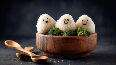 Three cute rice balls with smiling faces are served in a wooden bowl.の素材