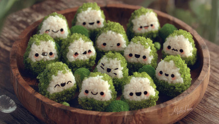 Adorable rice balls with cute faces are presented on a wooden plate.の素材