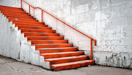 Outdoor concrete staircase with vibrant orange steps and a metal railing.の素材