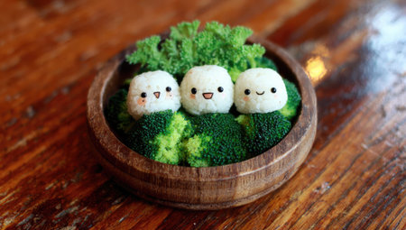 Cute rice balls with faces are nestled in fresh broccoli within a wooden bowl.の素材