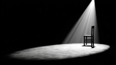An empty chair is illuminated by a bright spotlight on a dark stage.の素材