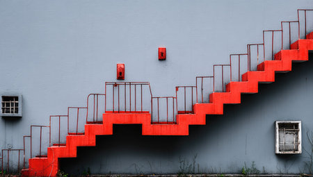 Red stairs with metal railings climb a textured gray wall.の素材