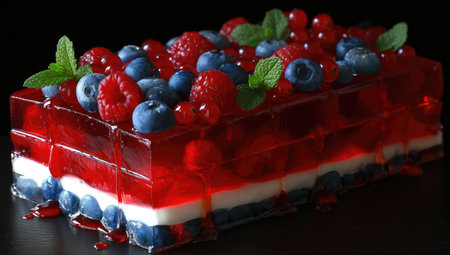 A layered jelly dessert filled with fresh red berries and blueberries.の素材