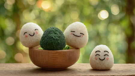 Three smiling rice balls and a broccoli floret are arranged in a bowl.の素材