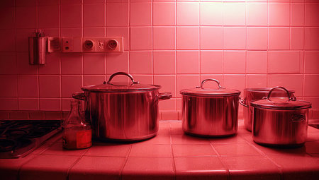 Several metal pots and a bottle rest on a tiled kitchen counter under red lighting.の素材
