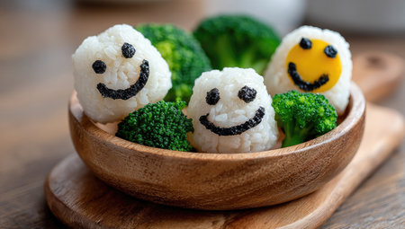 Playful and healthy rice balls decorated with smiley faces with broccoli florets.の素材
