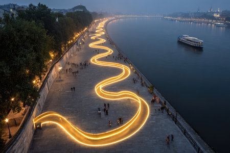 A glowing ribbon of light illuminates a riverbank walkway at dusk with a boat nearby.の素材