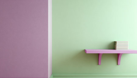 A minimalist interior scene featuring pastel colored walls and a shelf with books.の素材