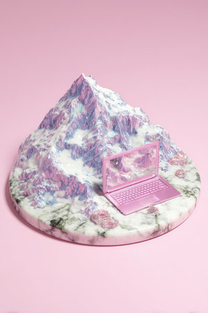 Surreal pink laptop and pastel mountain landscape on a marble disc.の素材